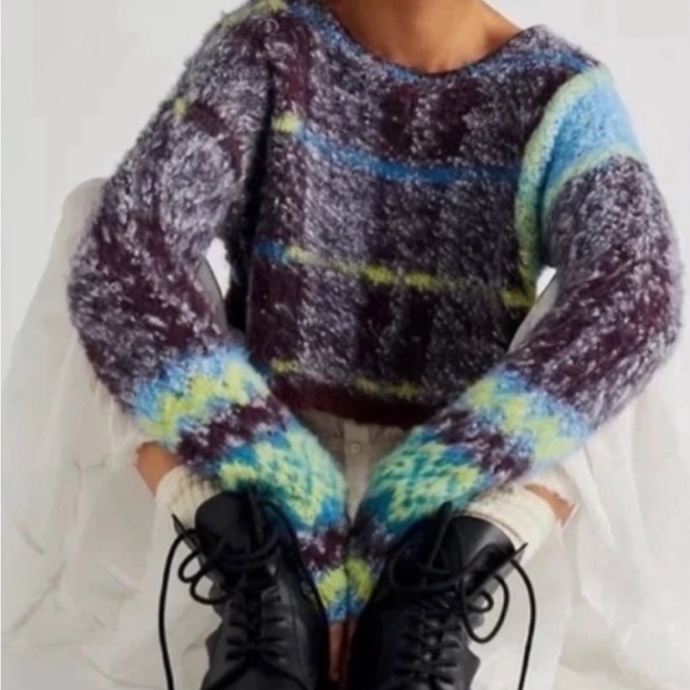 🆕️ Bnwt Free People Emmerson Fuzzy Plaid Cropped Pullover Sweater in Honey Wine